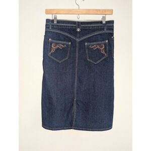 Out JEANS Womens Stretch Denim Skirt Dark Wash 12 Embroidered Pockets Y2K Midi